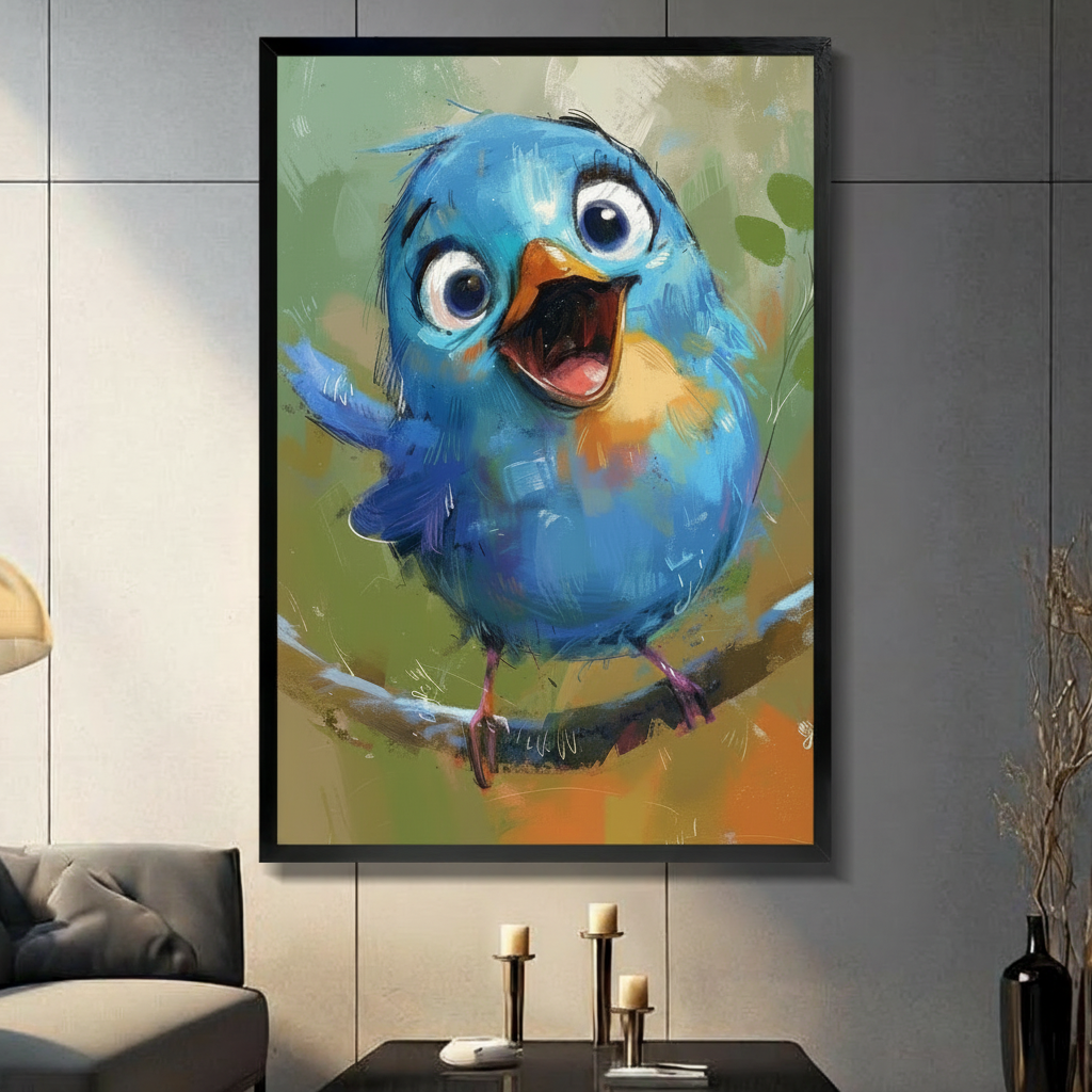 Whimsical Blue Bird Cartoon Canvas Wall Art