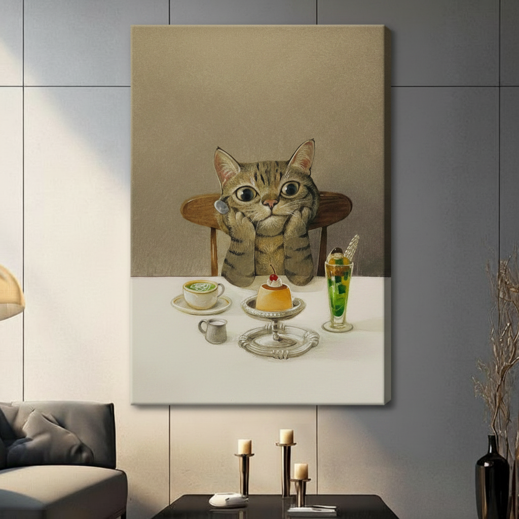 Whimsical Cat Cafe Dessert Canvas Art Wall Art