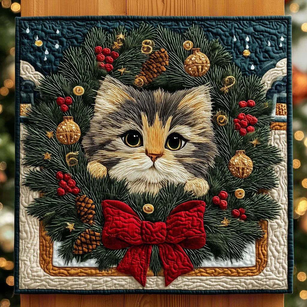 Cute Cat With A Warming Wreath Quilt Blanket