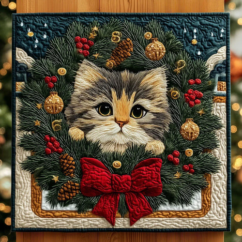 Cute Cat With A Warming Wreath Quilt Blanket