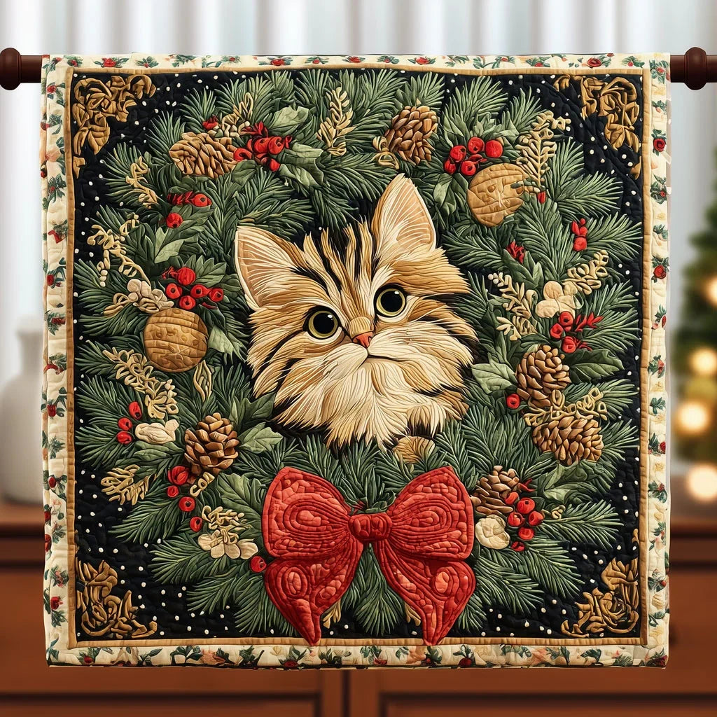 Cute Cat With A Warming Wreath Quilt Blanket