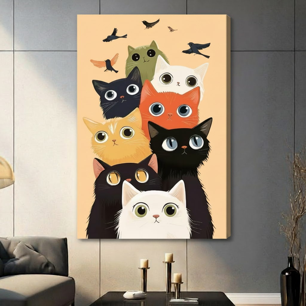 Cute Big-Eye Cats Cartoon Canvas Wall Art