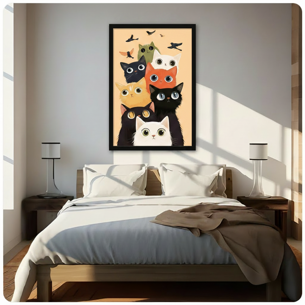 Cute Big-Eye Cats Cartoon Canvas Wall Art