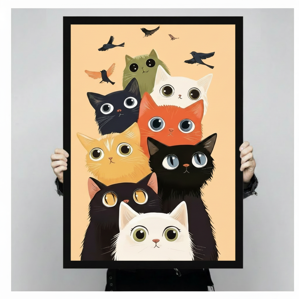 Cute Big-Eye Cats Cartoon Canvas Wall Art