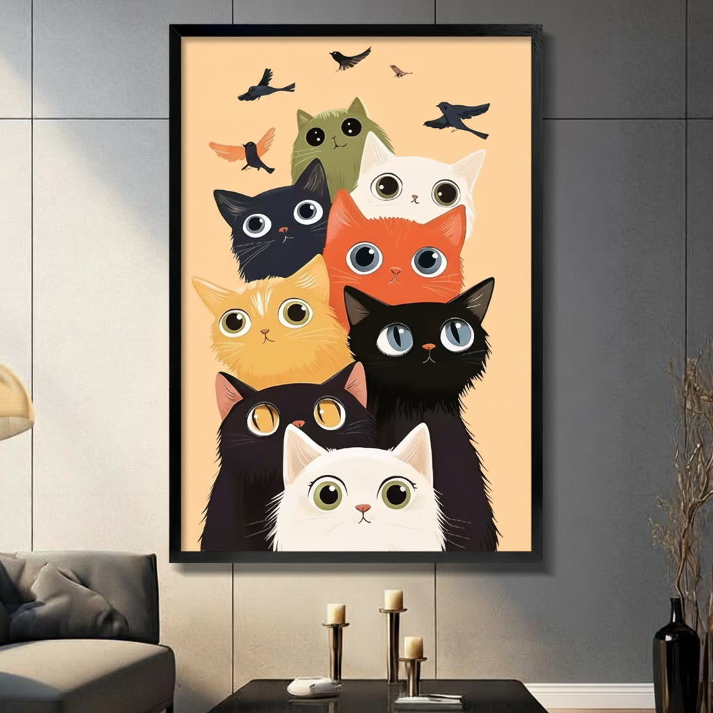 Cute Big-Eye Cats Cartoon Canvas Wall Art