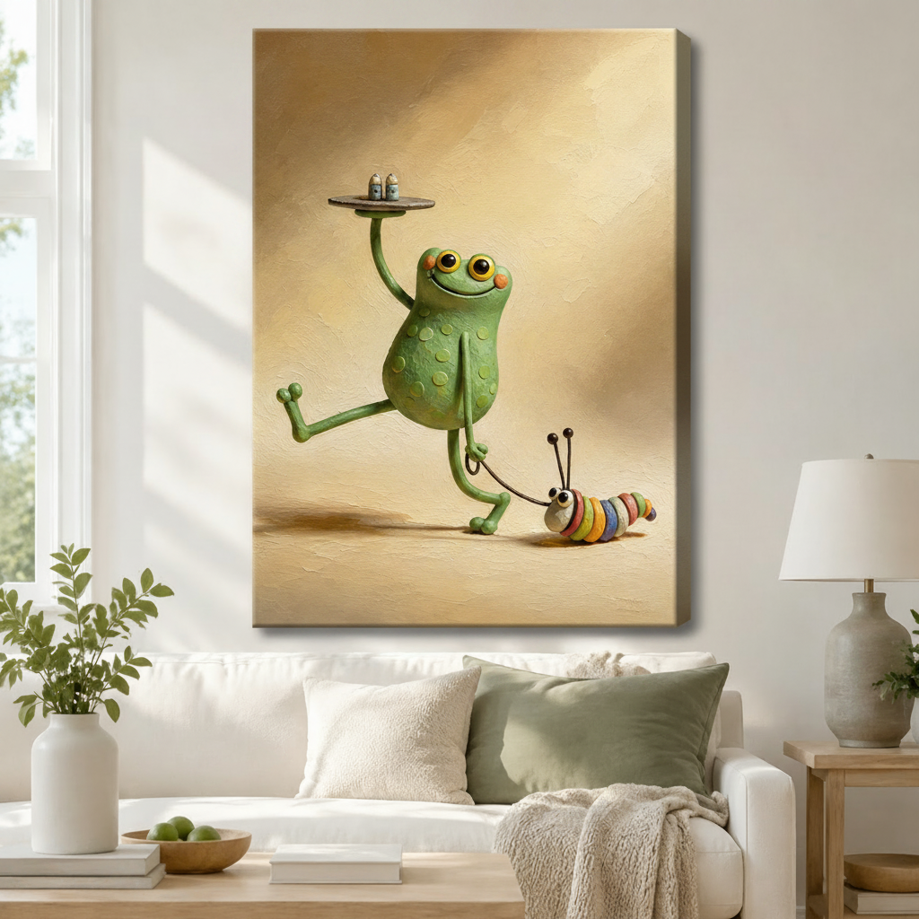 Funny Frog Waiter Whimsical Canvas Wall Art