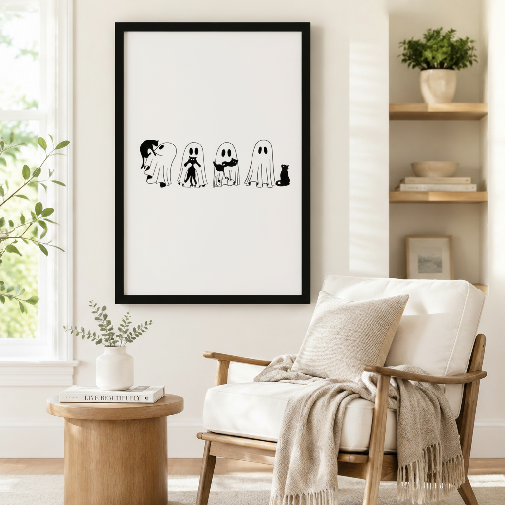 Minimalist Ghost and Cat Halloween Canvas Art
