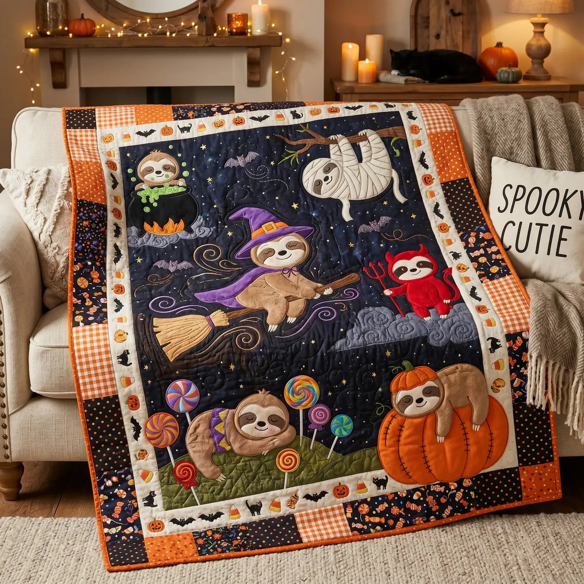 Cute Halloween Sloths Quilt Blanket
