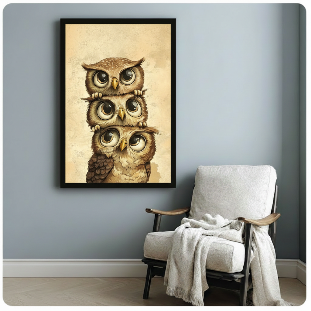 Cute Stacked Owls Vintage Canvas Wall Art