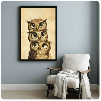 Cute Stacked Owls Vintage Canvas Wall Art