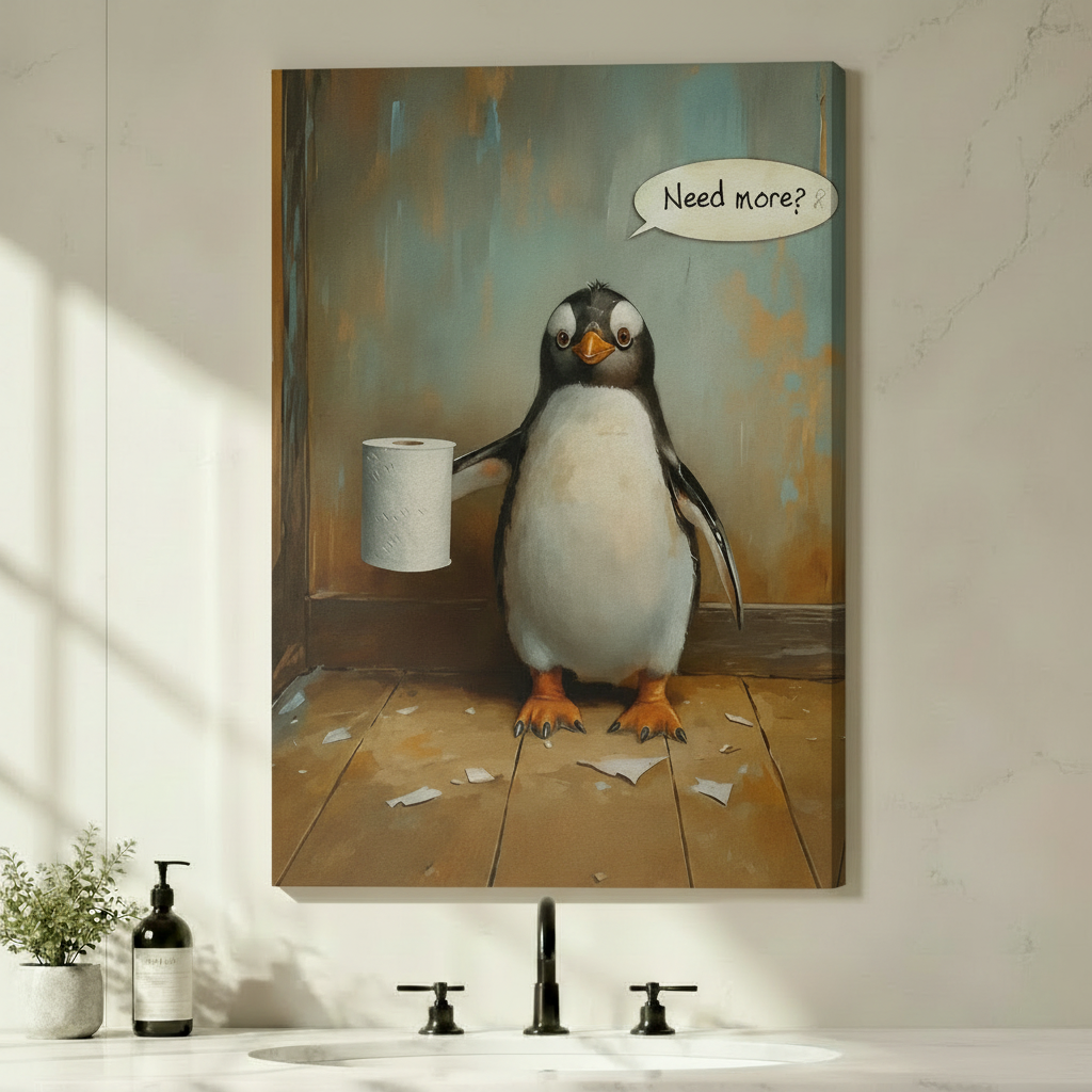 Funny Penguin Bathroom Oil Painting Canvas Art