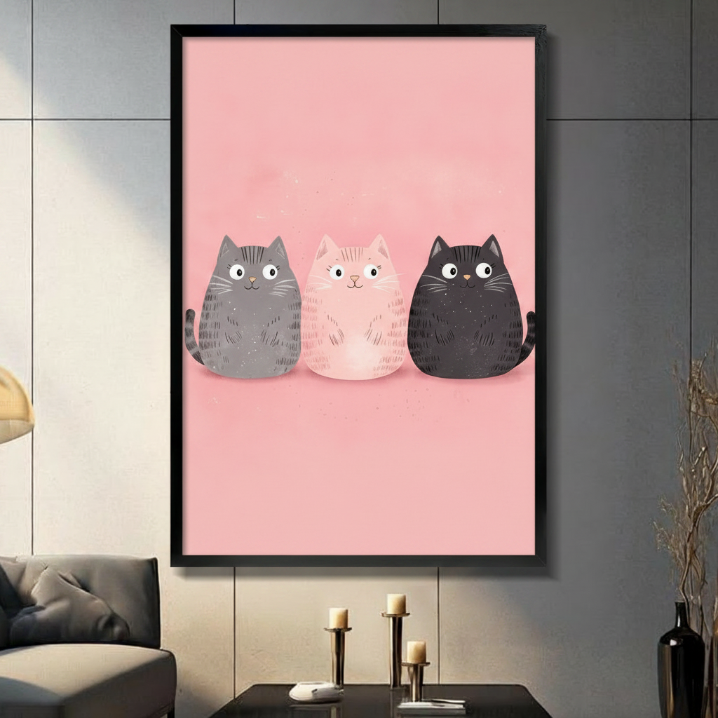 Cute Cat Trio Pink Kawaii Canvas Art Wall Art