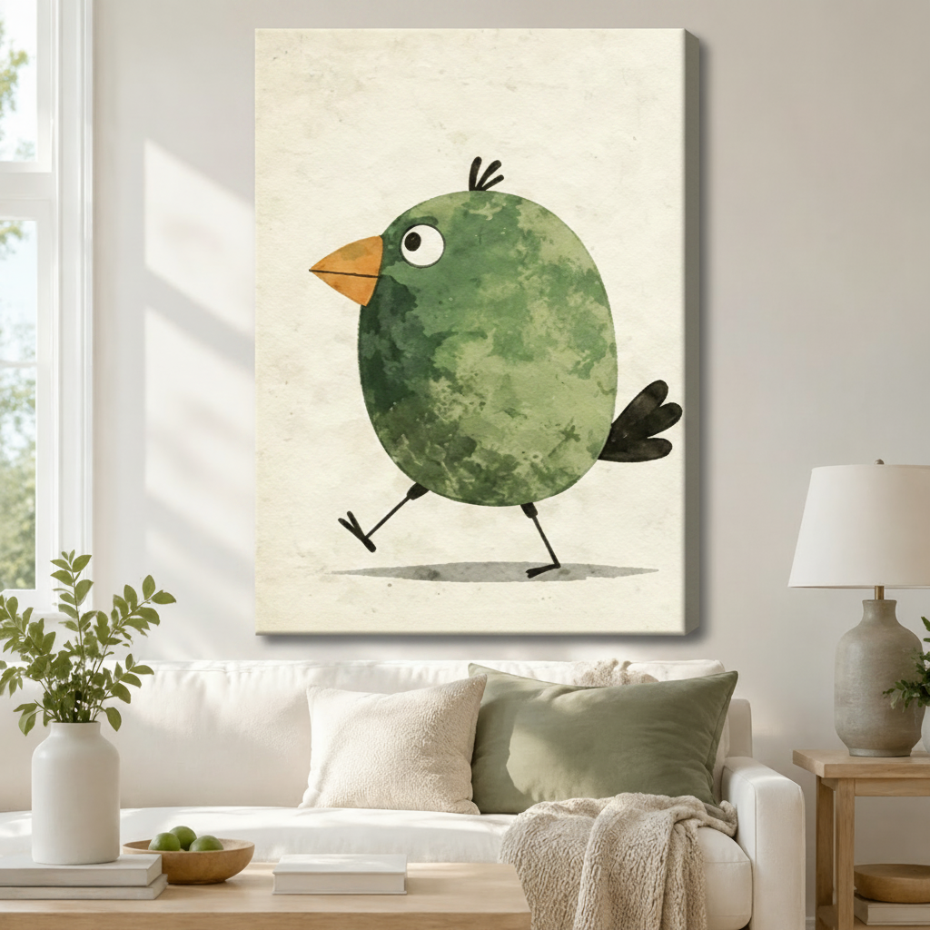 Cute Green Bird Watercolor Whimsical Canvas Wall Art