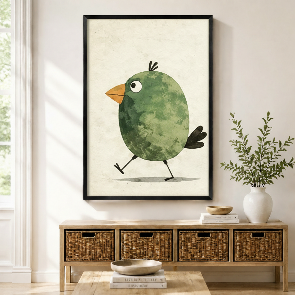 Cute Green Bird Watercolor Whimsical Canvas Wall Art