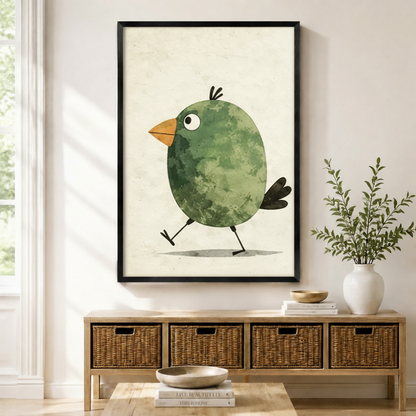 Cute Green Bird Watercolor Whimsical Canvas Wall Art