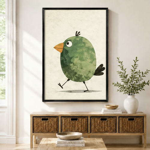 Cute Green Bird Watercolor Whimsical Canvas Wall Art