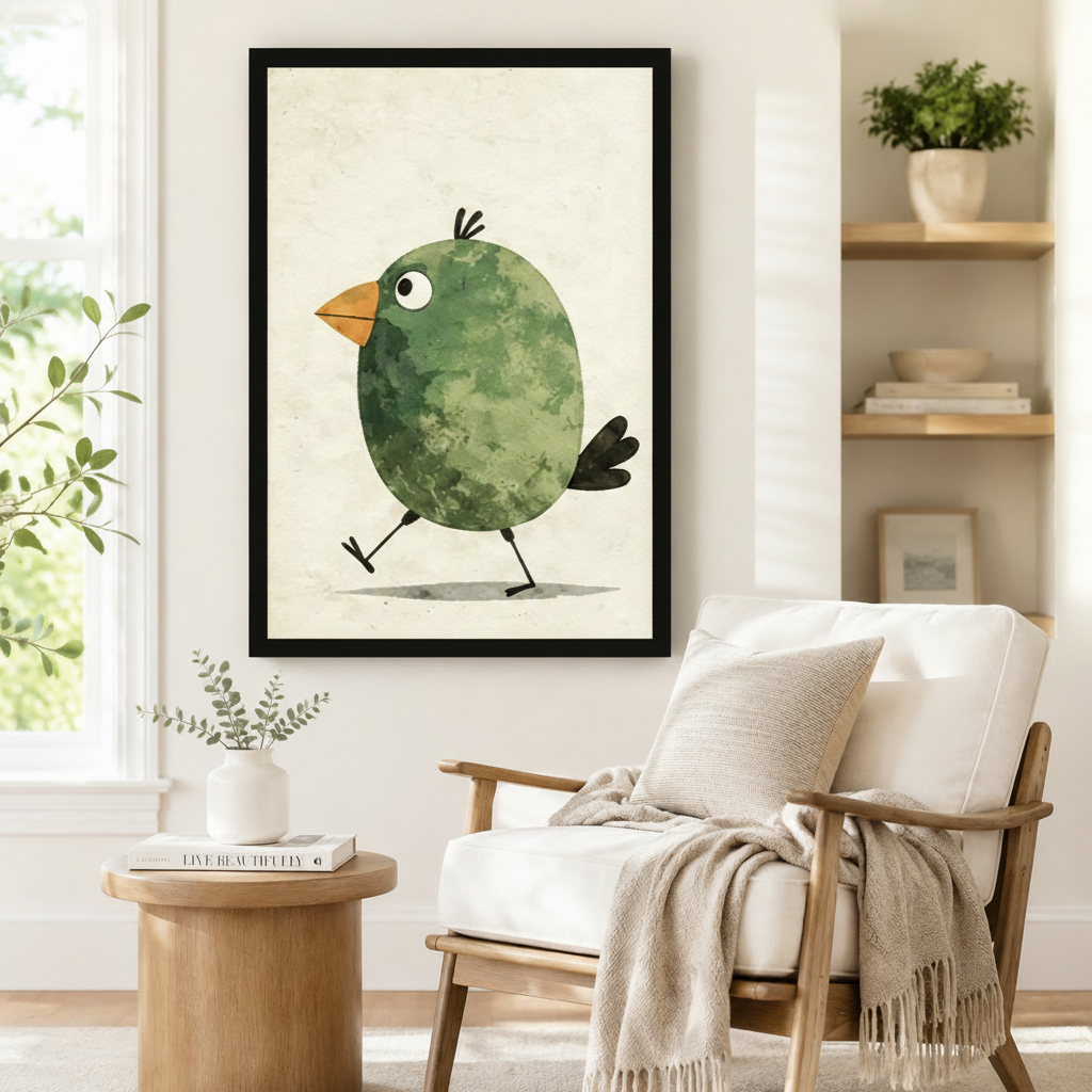 Cute Green Bird Watercolor Whimsical Canvas Wall Art