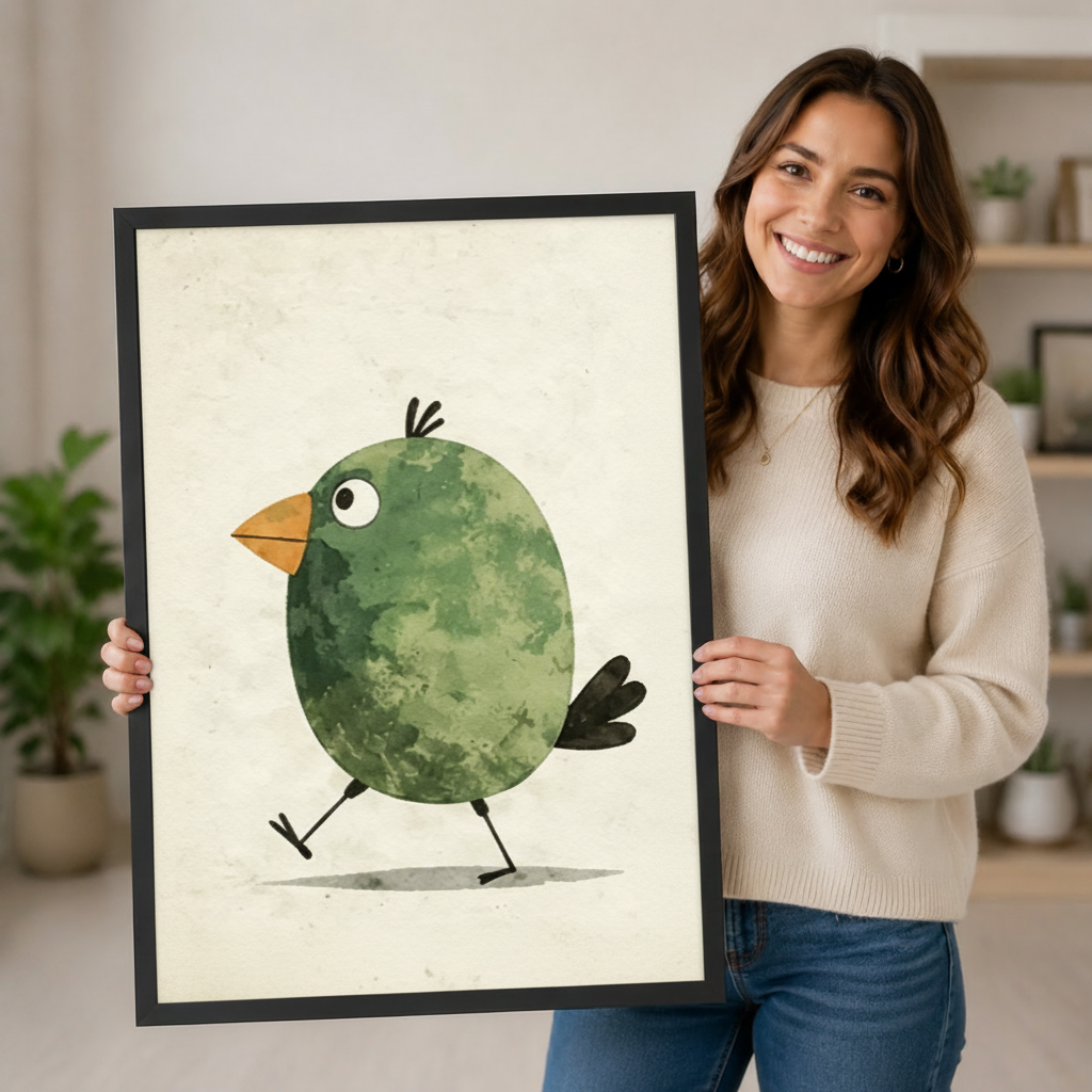 Cute Green Bird Watercolor Whimsical Canvas Wall Art