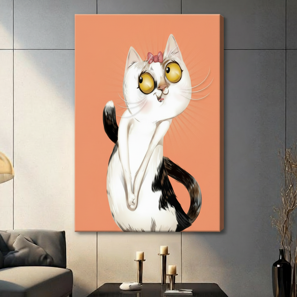 Sassy White Cat Bow Whimsical Canvas Wall Art