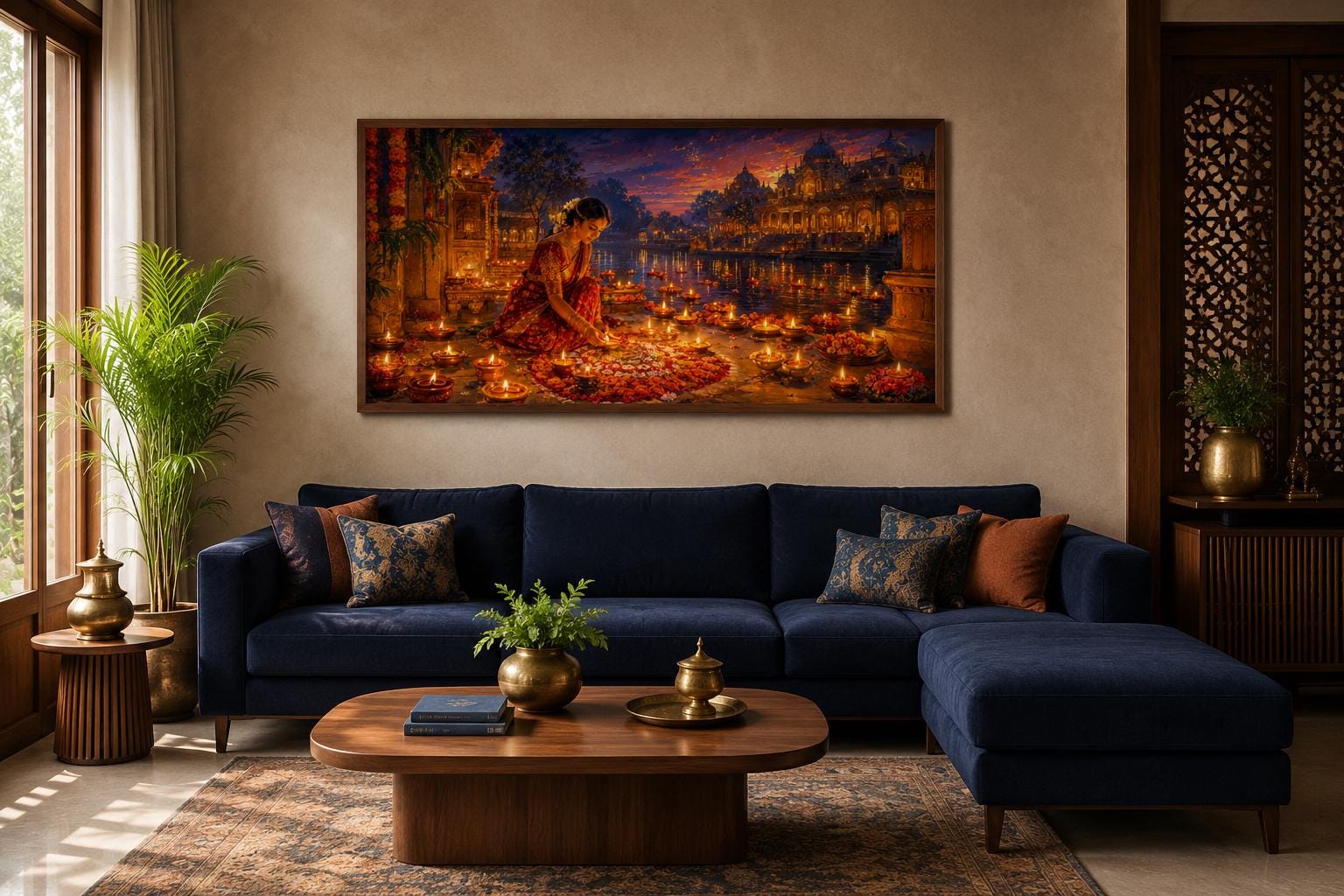 Diwali Canvas Wall Art - Woman Lighting Diyas Indian Festival Painting | Living Room Decor