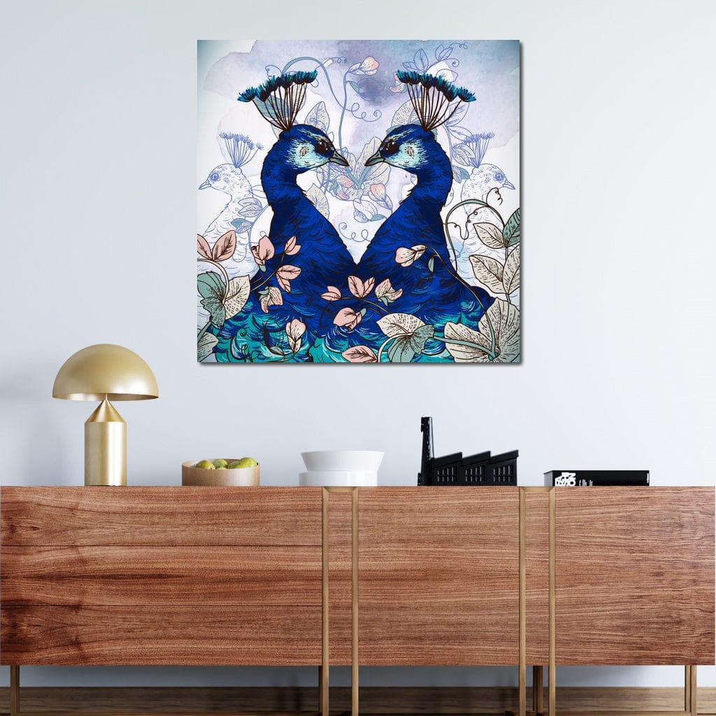 Blue Floral Peacocks Canvas Wall Art