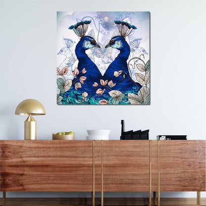 Blue Floral Peacocks Canvas Wall Art