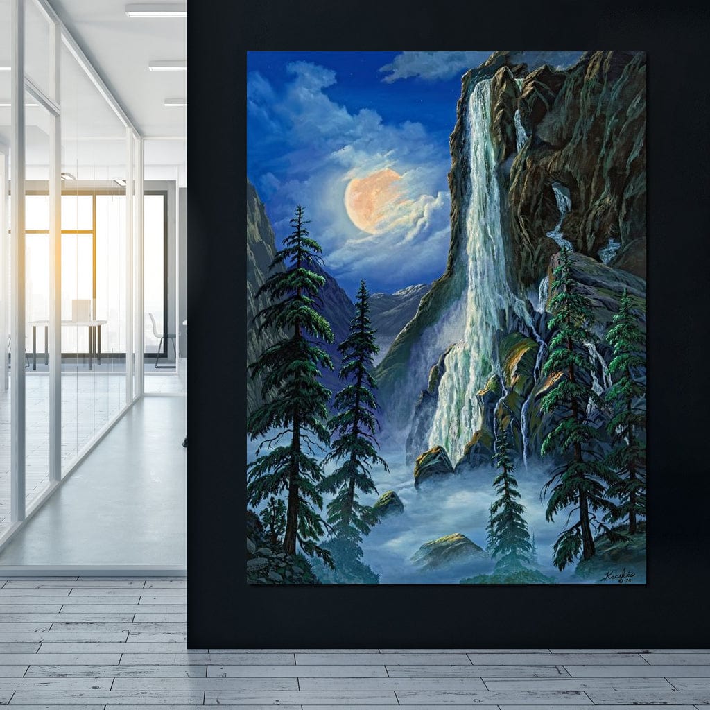 Moonlight Waterfall Canvas Wall Art