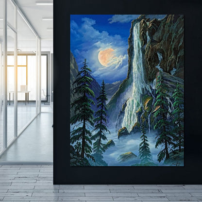 Moonlight Waterfall Canvas Wall Art