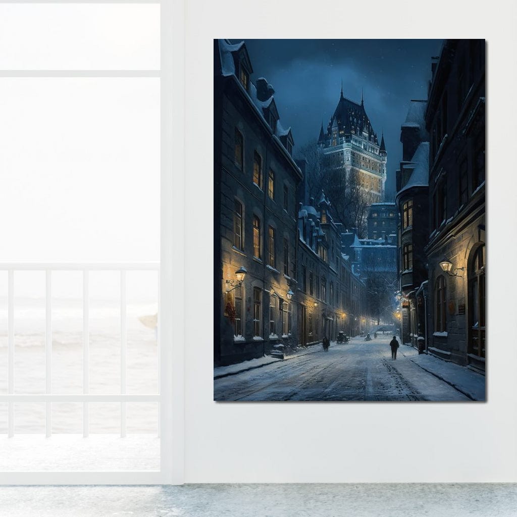 Quebec City Street On a Winter Night Canvas Wall Art