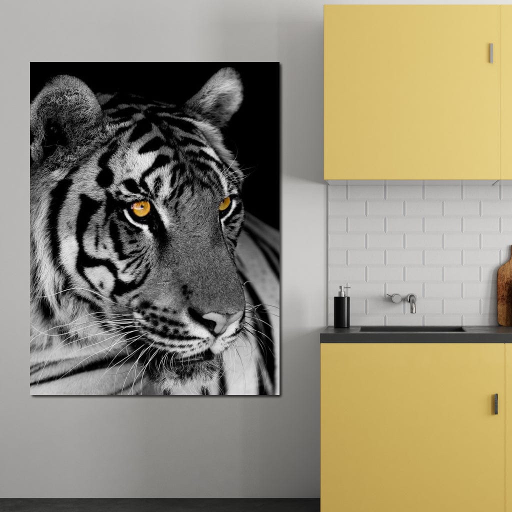 Black and White Tiger with Yellow Eyes Canvas Wall Art
