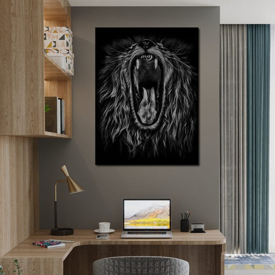Black and White Roaring Lion Canvas Wall Art