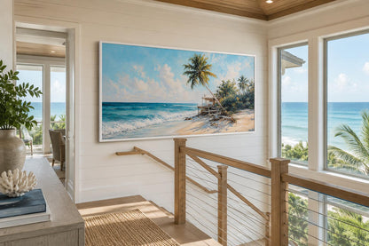 Tropical Beach with Palm Trees and Turquoise Waves, Coastal Wall Art