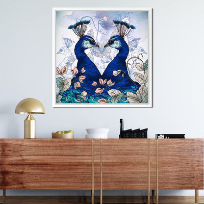 Blue Floral Peacocks Canvas Wall Art