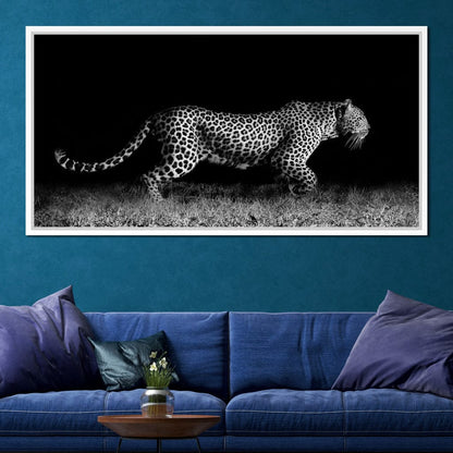 Black and White Jaguar Running Canvas Wall Art