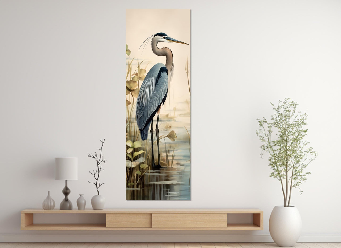 Heron Canvas Print – Vertical Soft Tones Bird Wall Art | Framed & Ready to Hang
