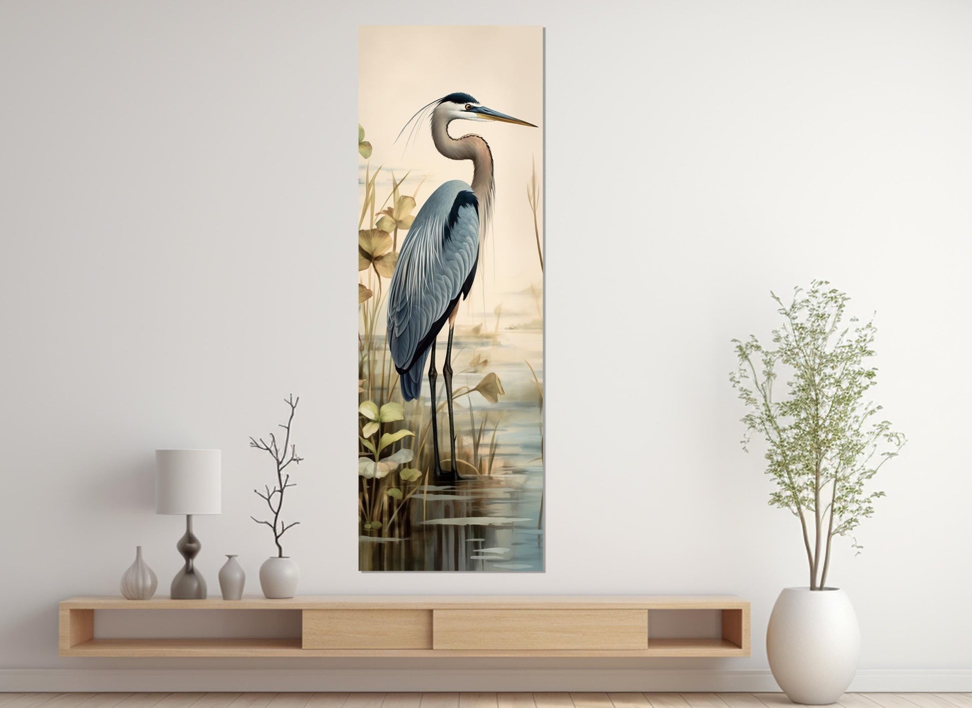 Heron Canvas Print – Vertical Soft Tones Bird Wall Art | Framed & Ready to Hang