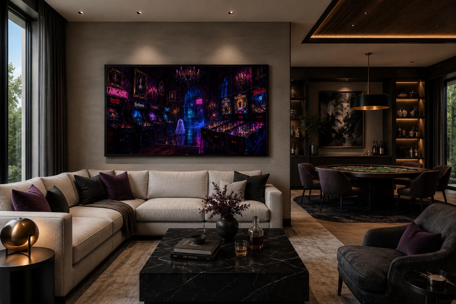 Spooky Halloween Arcade with Ghost and Pinball Machines in Neon Purple, Man Cave Game Room Wall Art