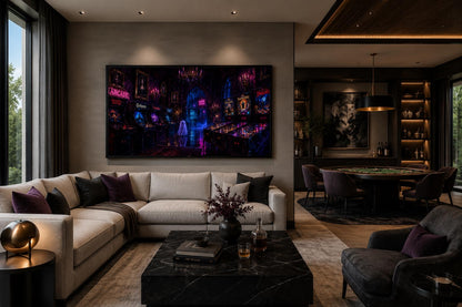 Spooky Halloween Arcade with Ghost and Pinball Machines in Neon Purple, Man Cave Game Room Wall Art