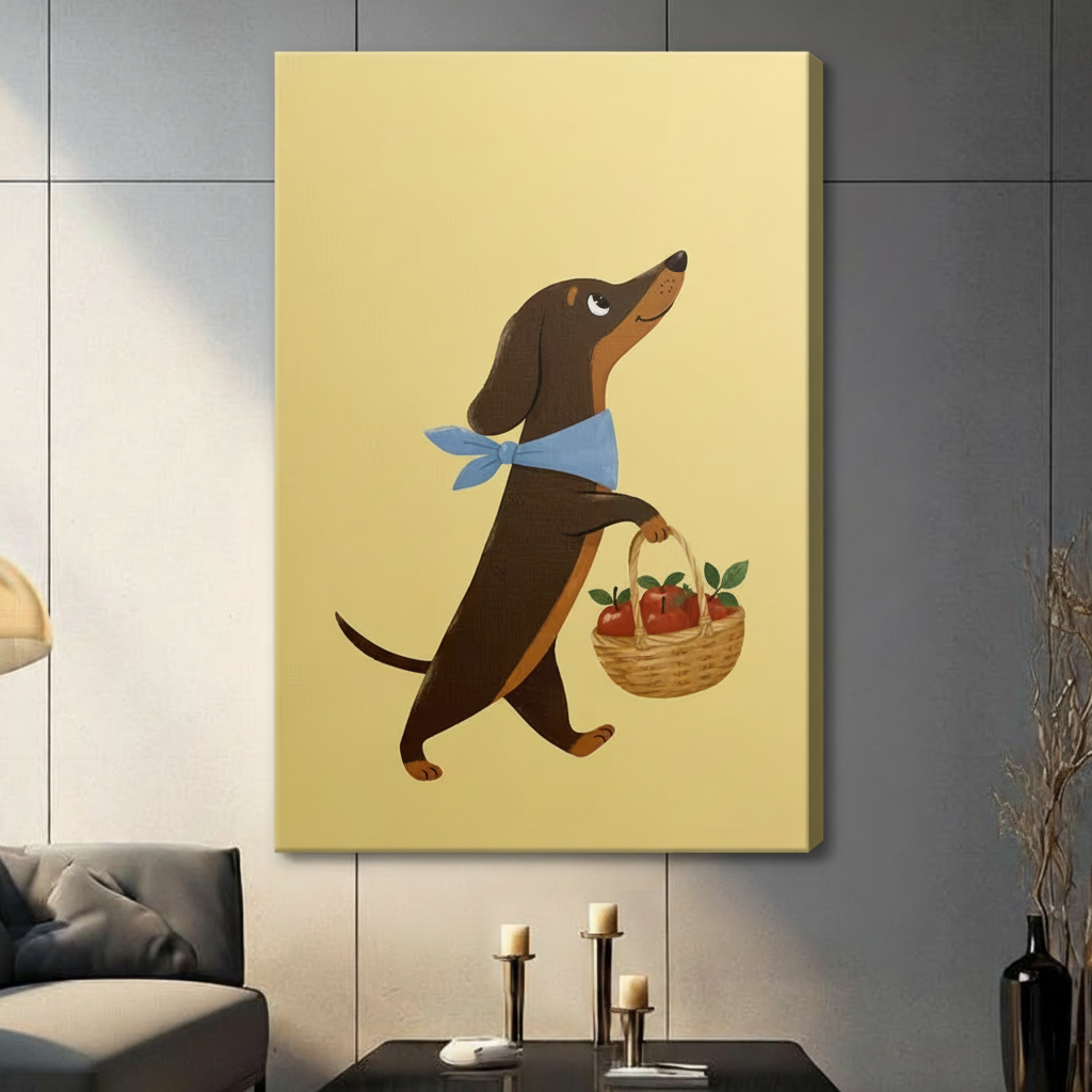 Dachshund Apple Basket Whimsical Canvas Wall Art