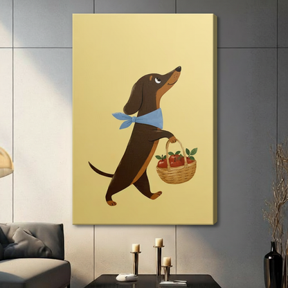 Dachshund Apple Basket Whimsical Canvas Wall Art
