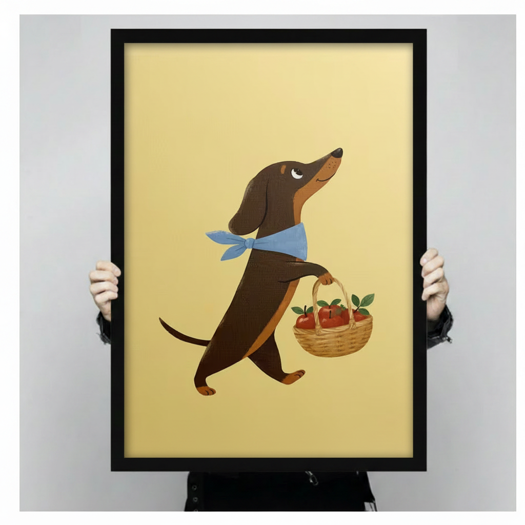 Dachshund Apple Basket Whimsical Canvas Wall Art