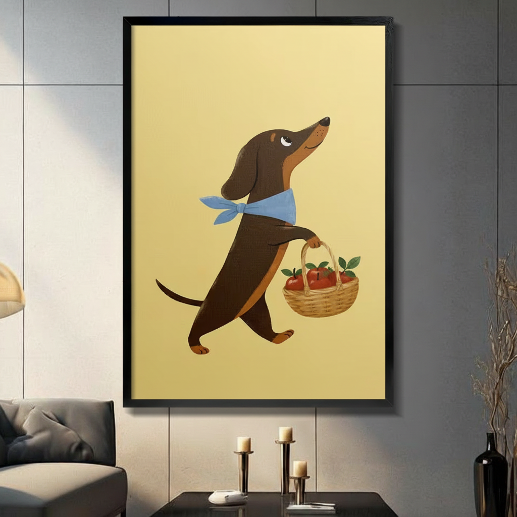 Dachshund Apple Basket Whimsical Canvas Wall Art