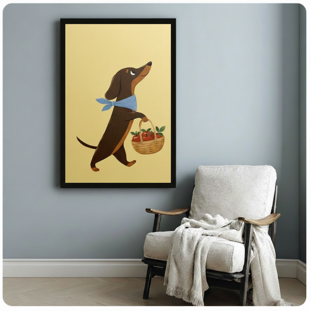 Dachshund Apple Basket Whimsical Canvas Wall Art