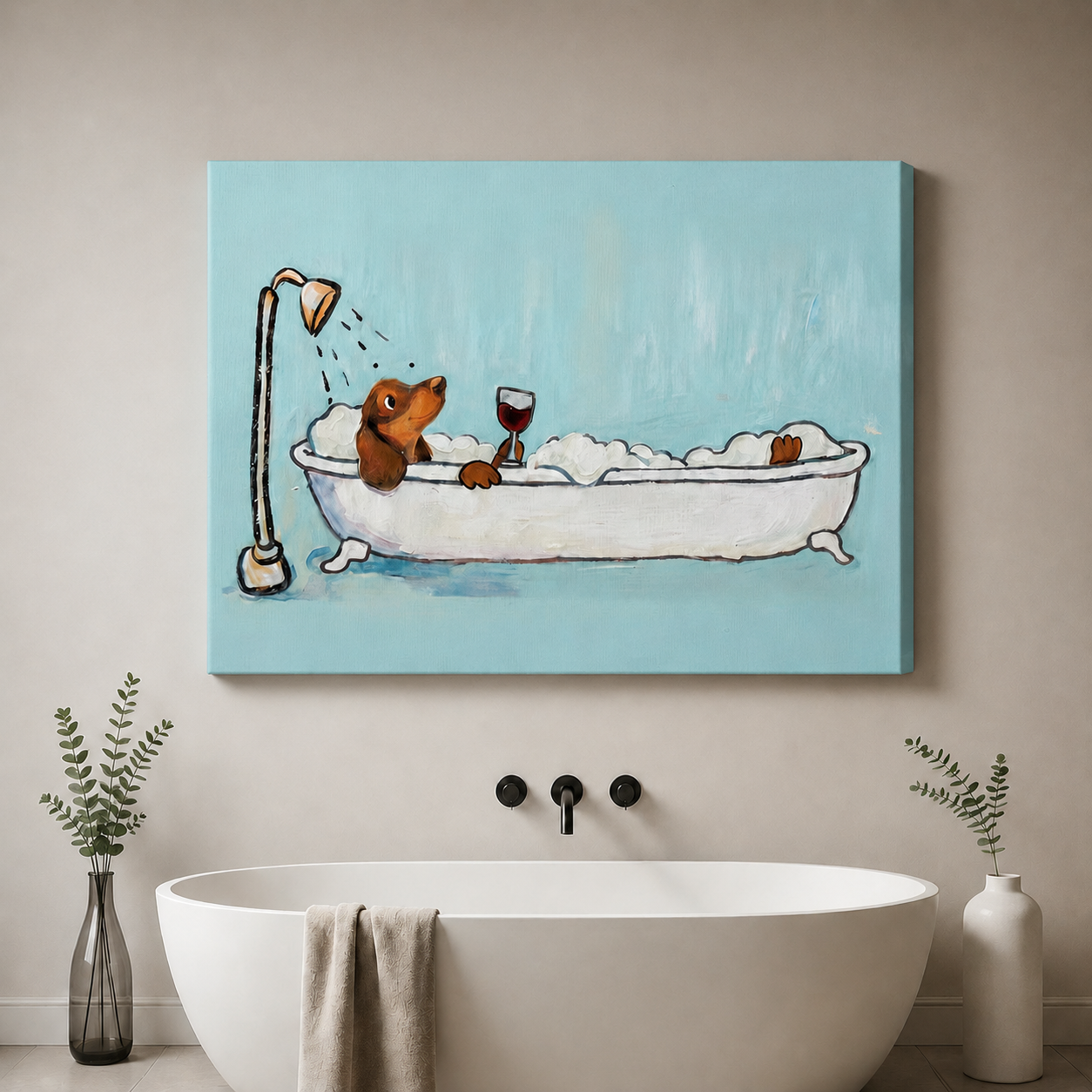 Dachshund Bubble Bath Wine Canvas Wall Art