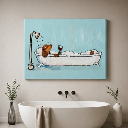 Dachshund Bubble Bath Wine Canvas Wall Art