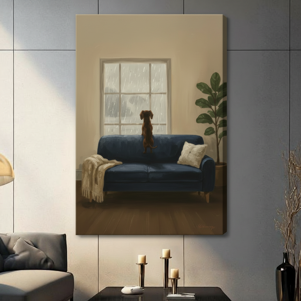 Dachshund Blue Sofa Rainy Window Canvas Art Wall Art
