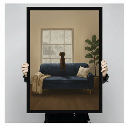 Dachshund Blue Sofa Rainy Window Canvas Art Wall Art