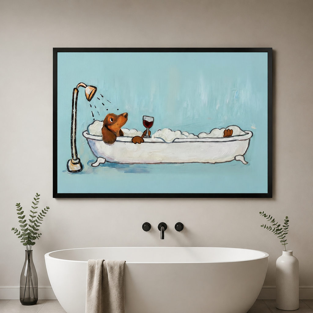 Dachshund Bubble Bath Wine Canvas Wall Art