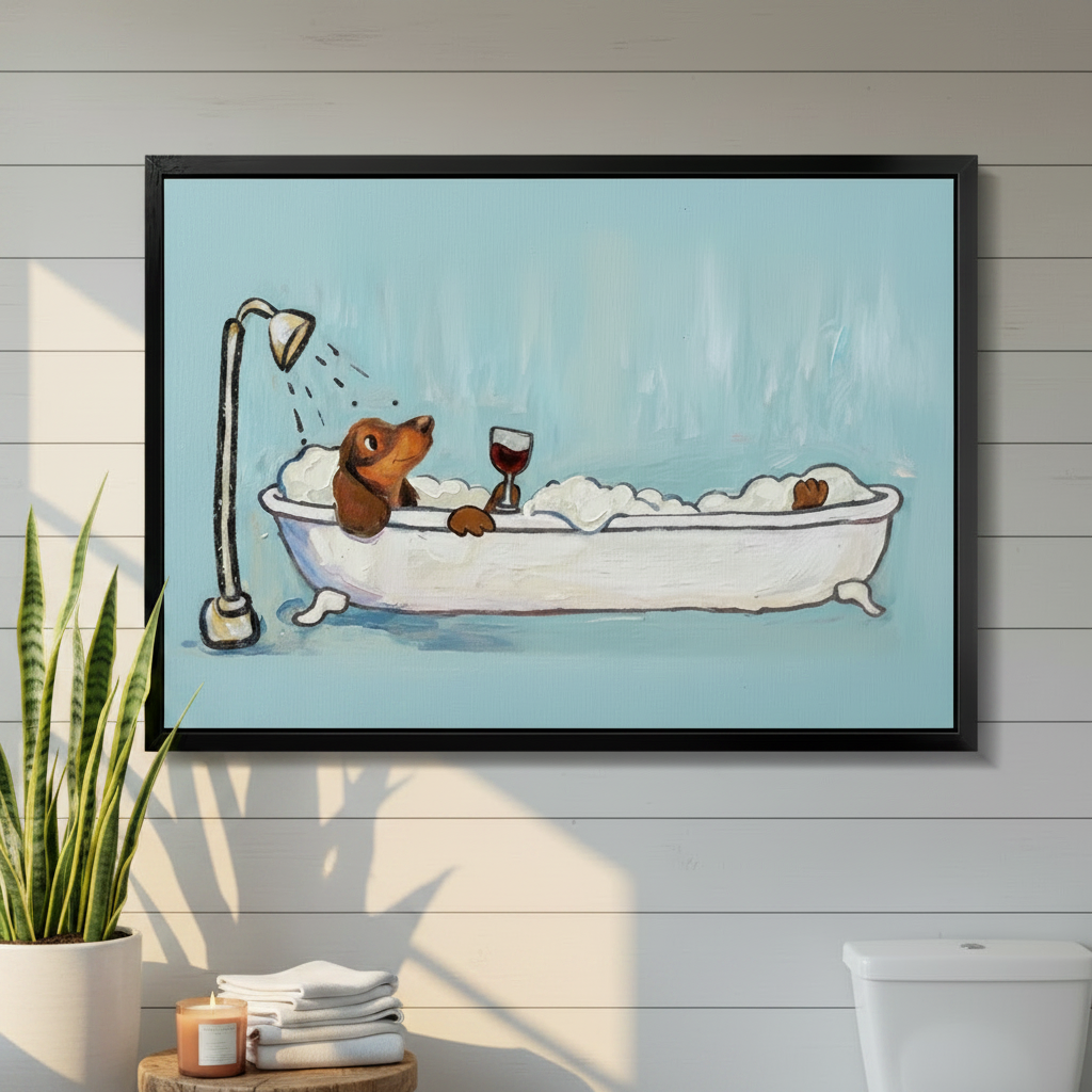 Dachshund Bubble Bath Wine Canvas Wall Art