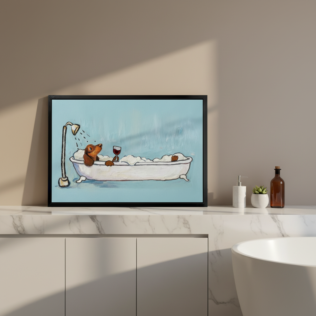 Dachshund Bubble Bath Wine Canvas Wall Art